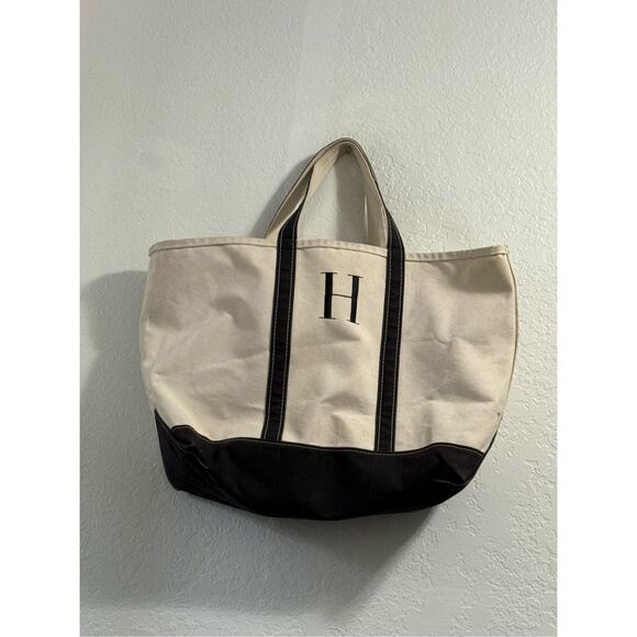 LL Bean L L “H” Embroidered boat and tote Open Canvas Shop Beach Tote Bag 22x15 - Picture 1 of 5